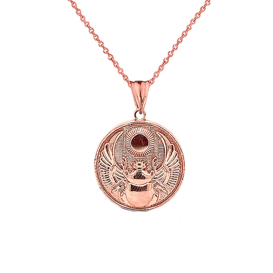 Solid Gold Ancient Egyptian Scarab Beetle and Sun Disc Pendant Necklace (Available in Yellow/Rose/White)