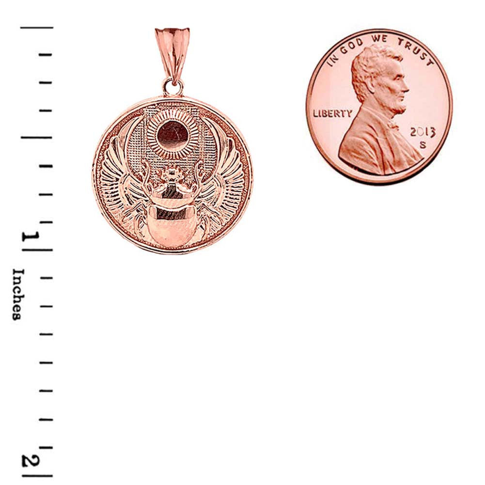 Solid Gold Ancient Egyptian Scarab Beetle and Sun Disc Pendant Necklace (Available in Yellow/Rose/White)