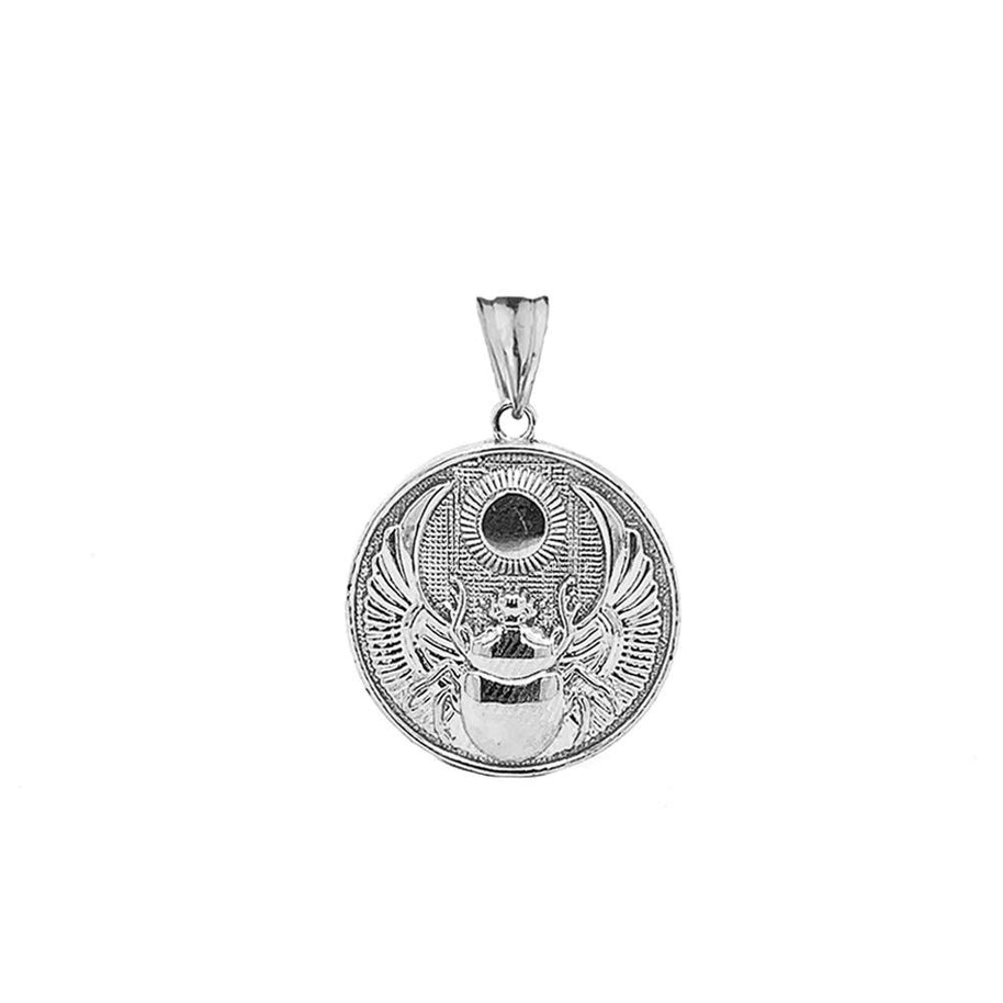 Solid Gold Ancient Egyptian Scarab Beetle and Sun Disc Pendant Necklace (Available in Yellow/Rose/White)