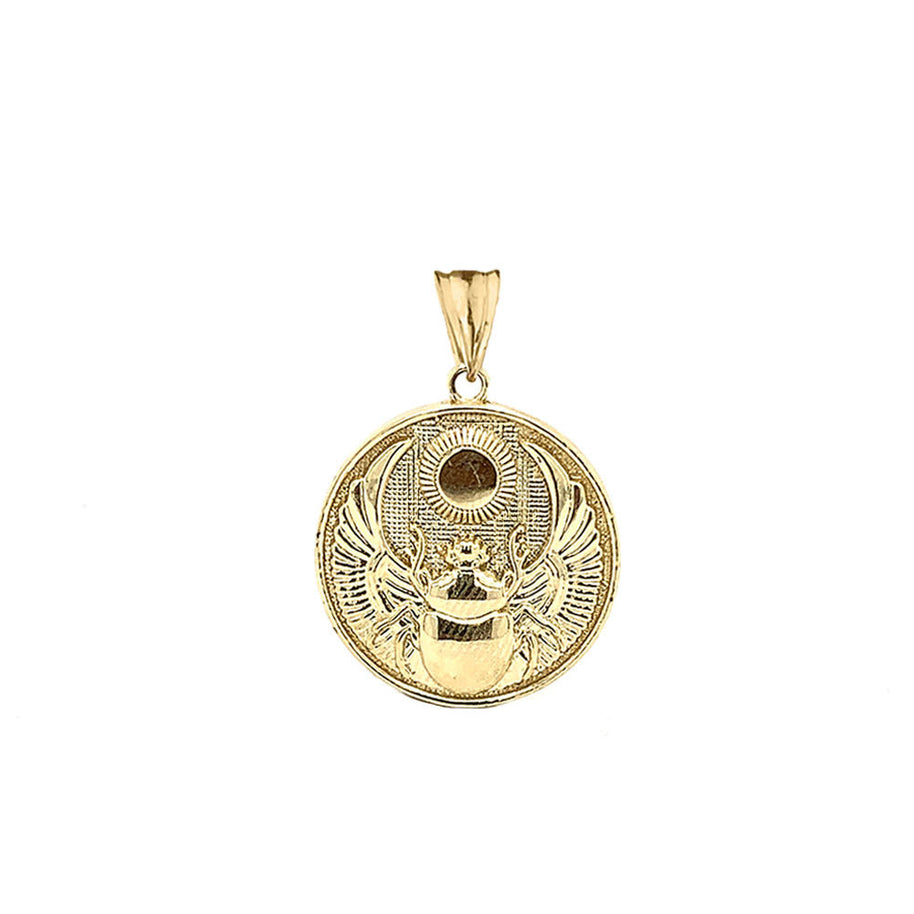 Solid Gold Ancient Egyptian Scarab Beetle and Sun Disc Pendant Necklace (Available in Yellow/Rose/White)