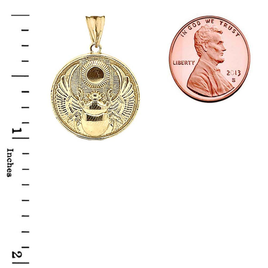 Solid Gold Ancient Egyptian Scarab Beetle and Sun Disc Pendant Necklace (Available in Yellow/Rose/White)