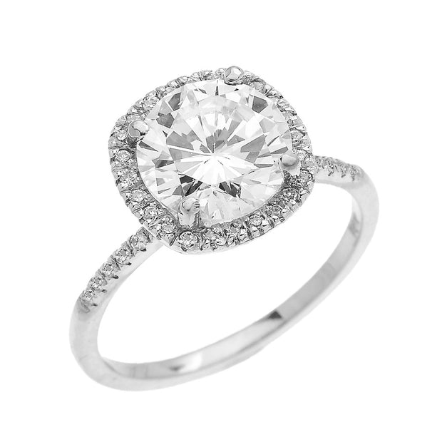 Cushion Shape Cubic Zirconia Halo Micropave Engagement Ring in White Gold