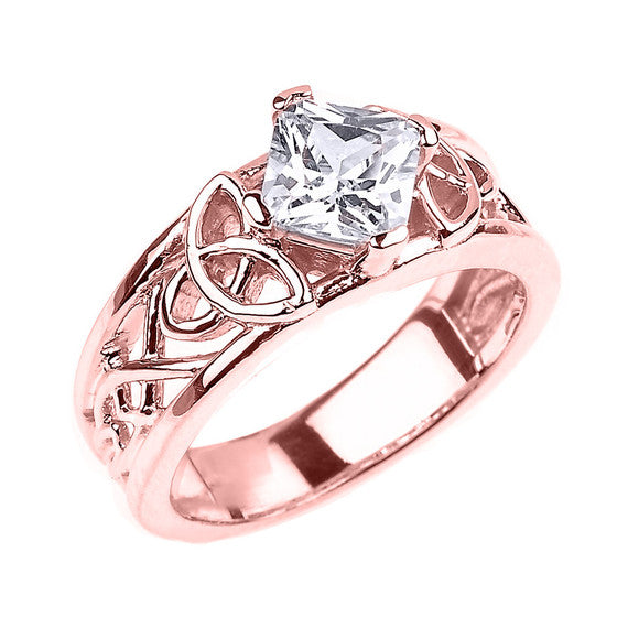 Gold Princess Cut Cubic Zirconia Irish Celtic Trinity Knot Band Ring (Available in Yellow/Rose/White Gold)