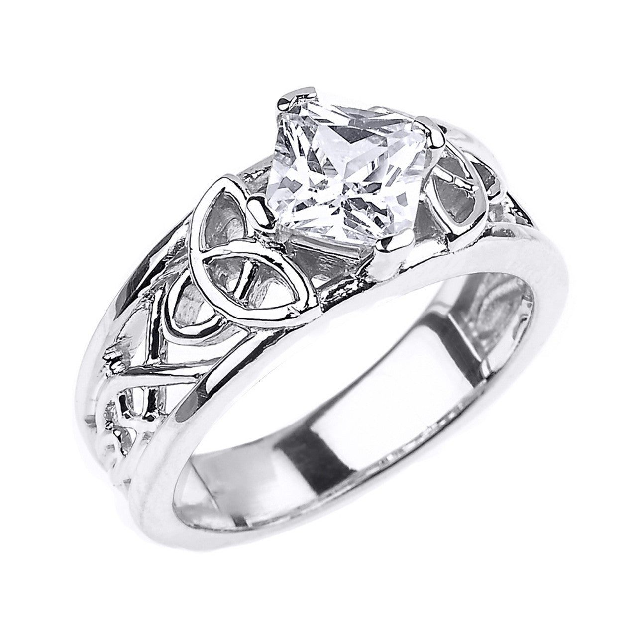 .925 Sterling Silver Princess Cut Cubic Zirconia Irish Celtic Trinity Knot Band Ring