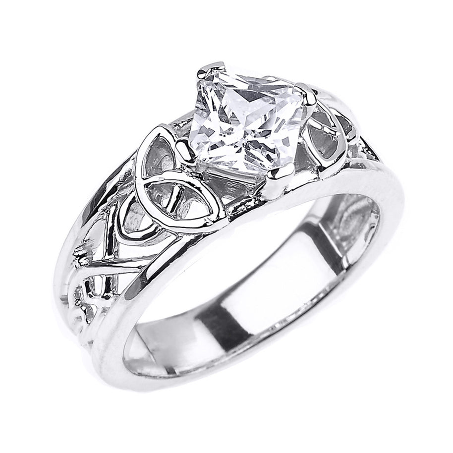 .925 Sterling Silver Princess Cut Cubic Zirconia Irish Celtic Trinity Knot Band Ring
