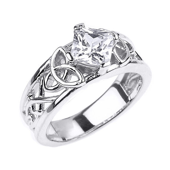 Gold Princess Cut Cubic Zirconia Irish Celtic Trinity Knot Band Ring (Available in Yellow/Rose/White Gold)
