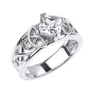 Gold Princess Cut Cubic Zirconia Irish Celtic Trinity Knot Band Ring (Available in Yellow/Rose/White Gold)