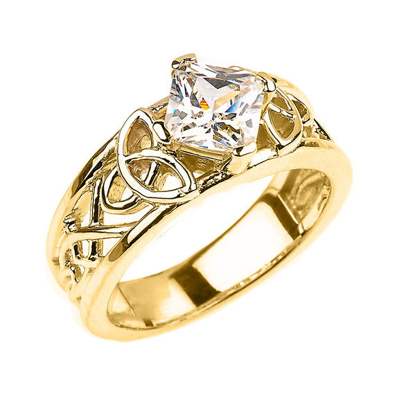 Gold Princess Cut Cubic Zirconia Irish Celtic Trinity Knot Band Ring (Available in Yellow/Rose/White Gold)
