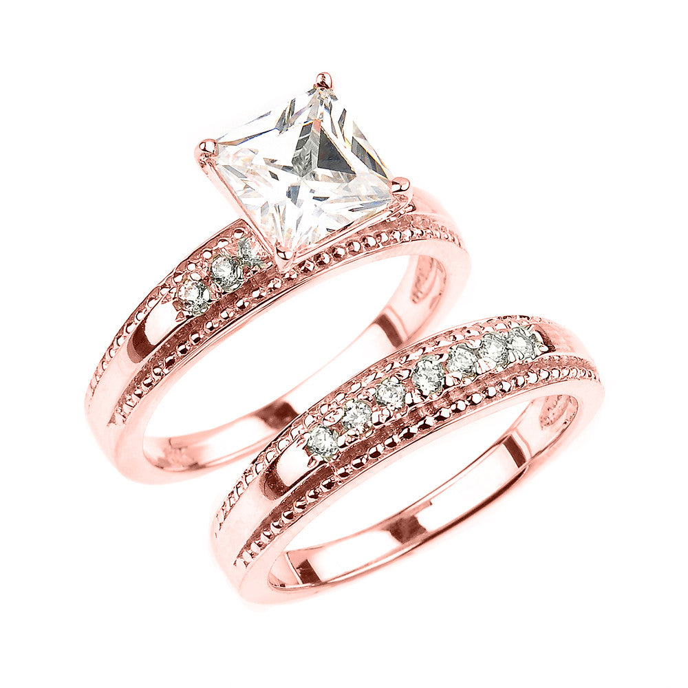 Rose Gold CZ Engagement Wedding Ring Set