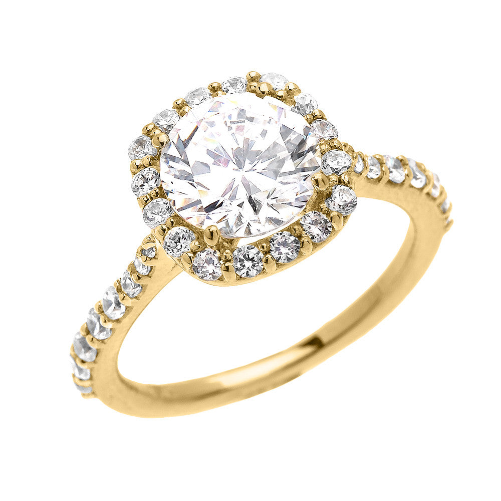 Gold 3 Carat Cubic Zirconia Halo Engagement Ring (Available in Yellow Gold, Rose Gold, White Gold)