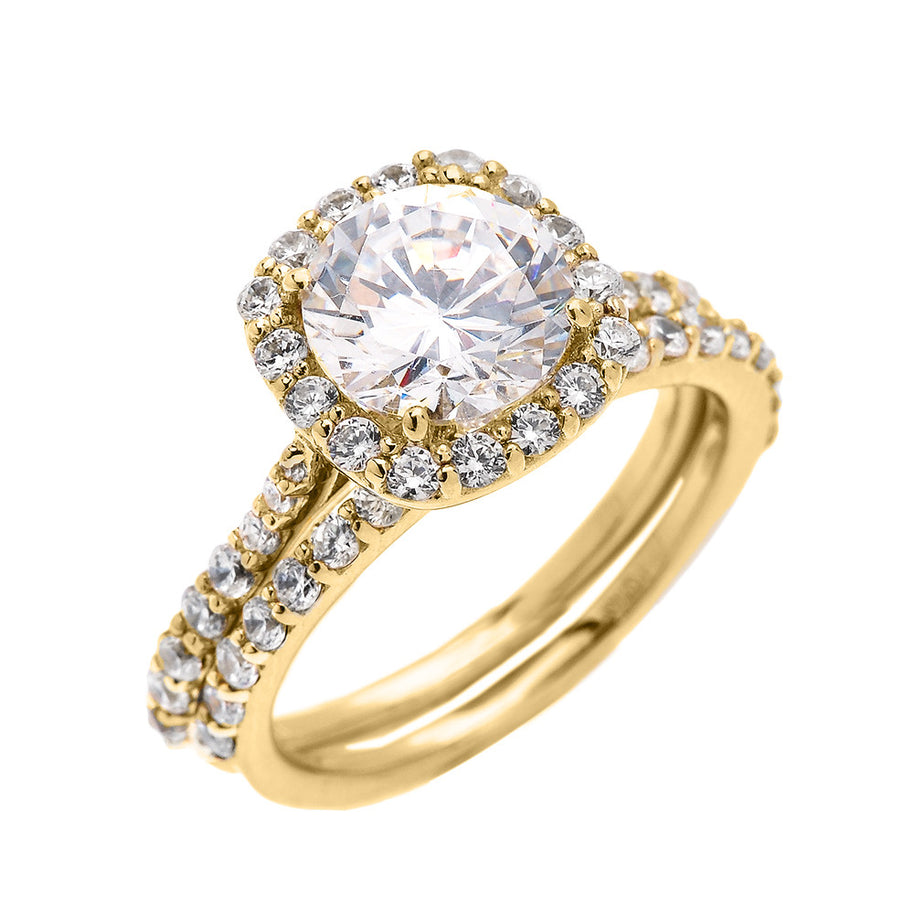 Gold 3 Carat Cubic Zirconia Halo Engagement Band Ring Set (Available in Yellow Gold, Rose Gold, White Gold)