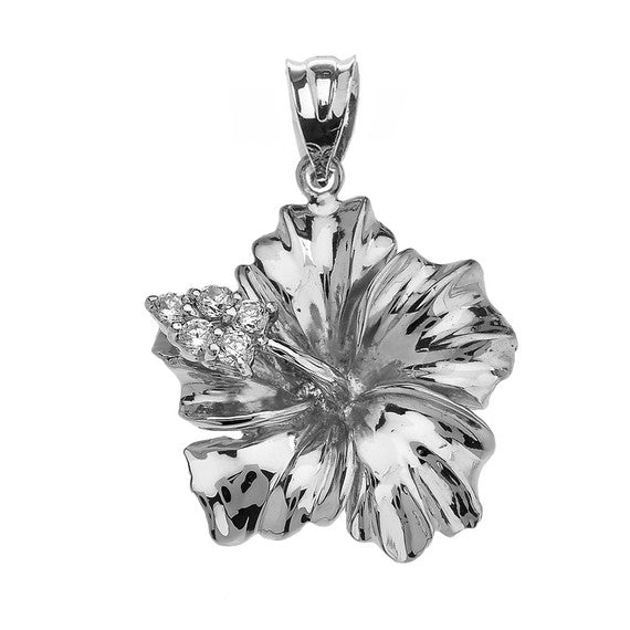 Sterling Silver Caribbean Hibiscus (Malvaceae) Cubic Zirconia Pendant Necklace