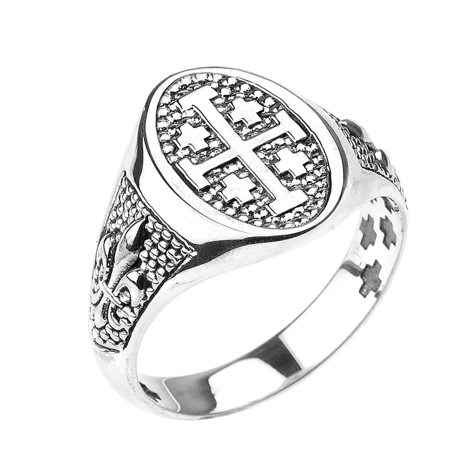 Sterling Silver Jerusalem Cross Unisex Ring with Fleur De Lis