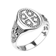 Sterling Silver Jerusalem Cross Unisex Ring with Fleur De Lis