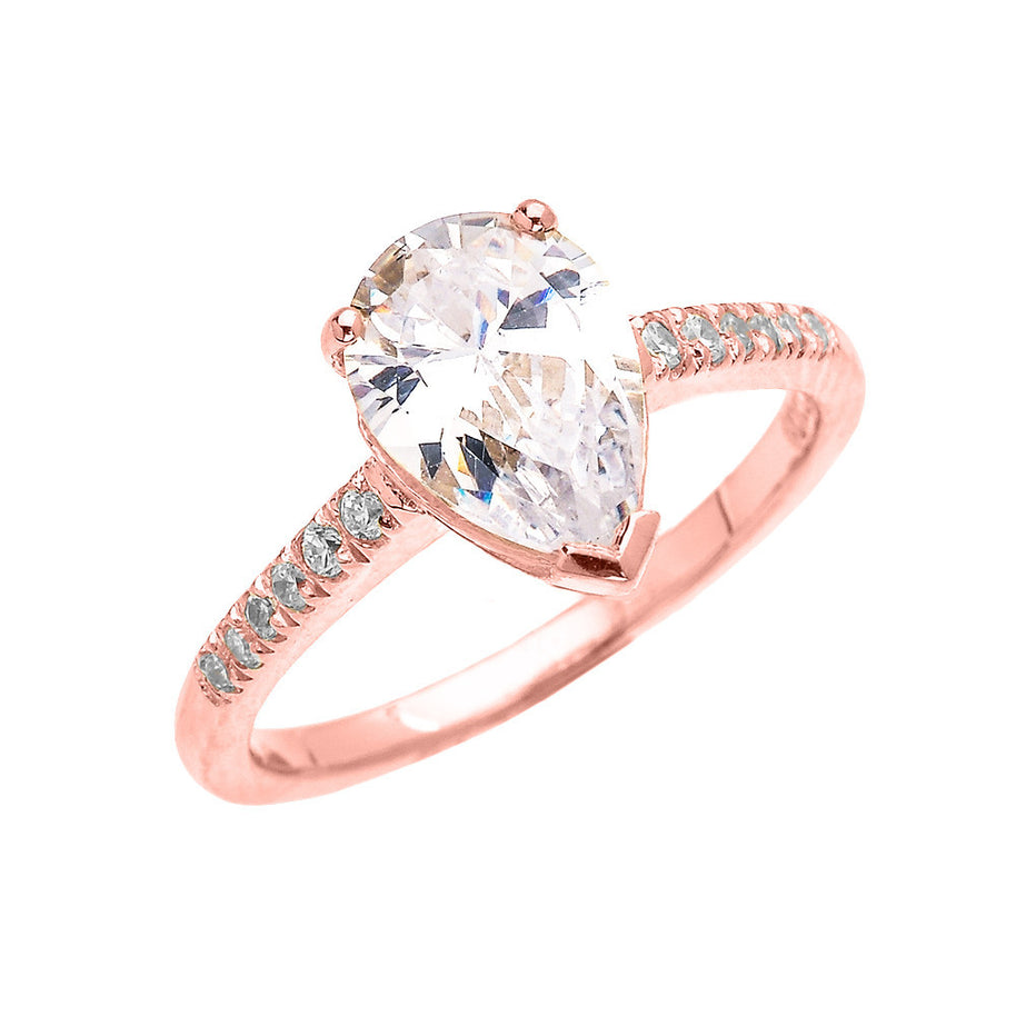 Solid Gold Dainty Pear Shape Cubic Zirconia Solitaire Proposal Ring(Available In Yellow/Rose/White Gold)