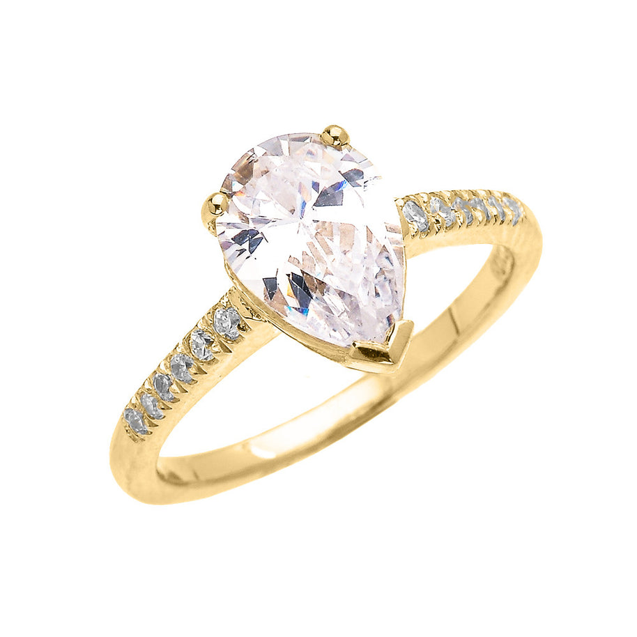 Solid Gold Dainty Pear Shape Cubic Zirconia Solitaire Proposal Ring(Available In Yellow/Rose/White Gold)