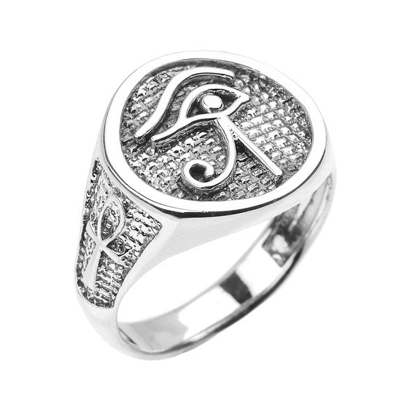 .925 Sterling Silver Egyptian Eye of Horus Ankh Cross Beaded Signet Ring