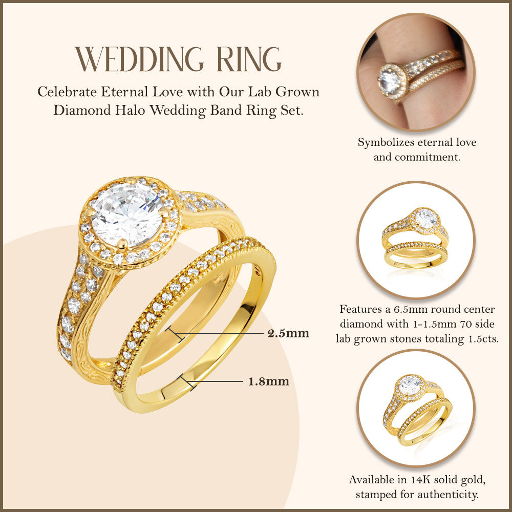 14K Gold Lab Grown Diamond Halo Wedding Band Ring Set (Available in Yellow/Rose/White Gold)