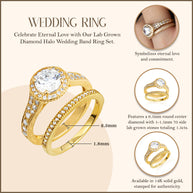 14K Gold Lab Grown Diamond Halo Wedding Band Ring Set (Available in Yellow/Rose/White Gold)