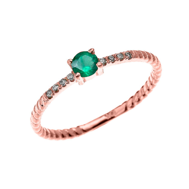 Gold Dainty Solitaire Emerald and Diamond Rope Design Engagement/Proposal/Stackable Ring(Available in Yellow/Rose/White)