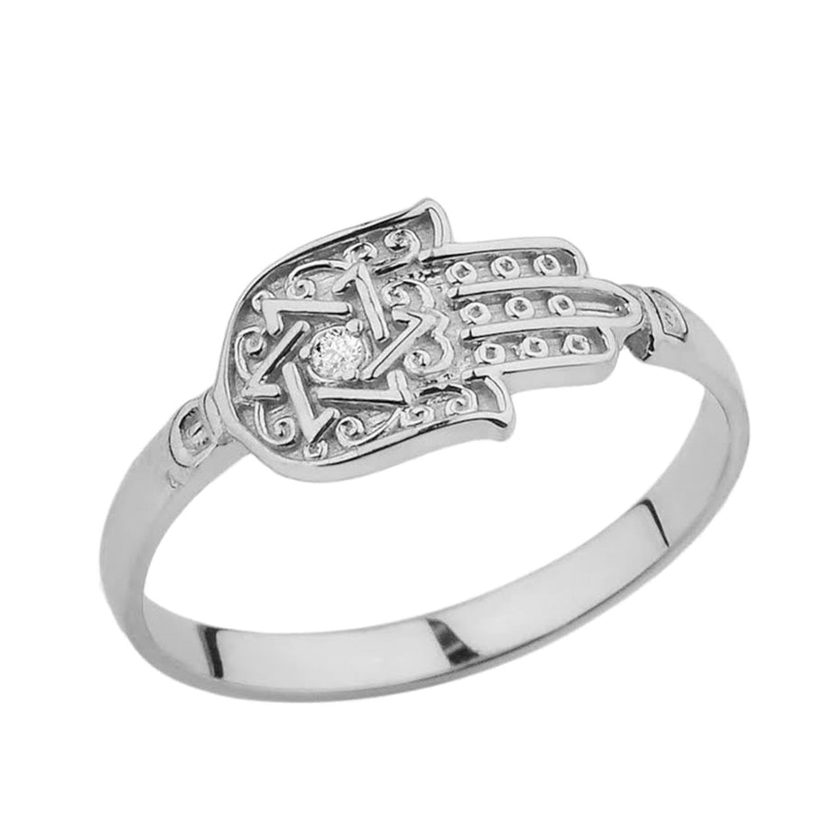 .925 Sterling Silver Diamond Star of David Hamsa Hand Ring