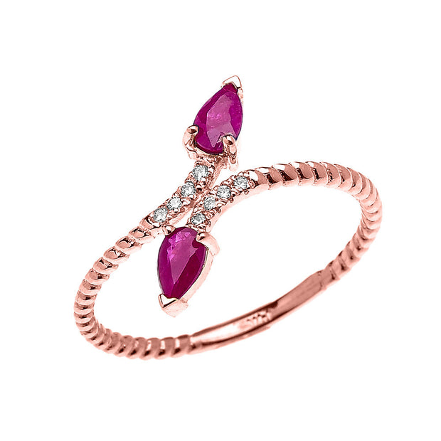 Gold Dainty Two Stone Pear Shape Ruby and Diamond Rope Design Promise Ring(Available in Yellow/Rose/White)