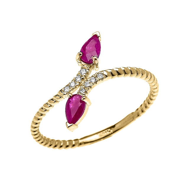 Gold Dainty Two Stone Pear Shape Ruby and Diamond Rope Design Promise Ring(Available in Yellow/Rose/White)