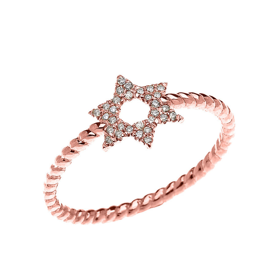 Solid Gold Dainty Star of David Diamond Rope Design Ring (Available in Yellow and White Gold)