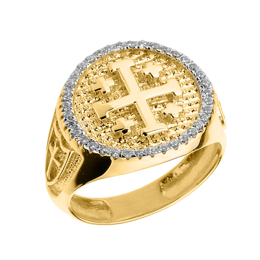 Solid Yellow Gold Jerusalem Crusaders Cross Men's Diamond Ring