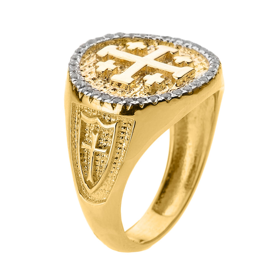 Solid Yellow Gold Jerusalem Crusaders Cross Men's Diamond Ring