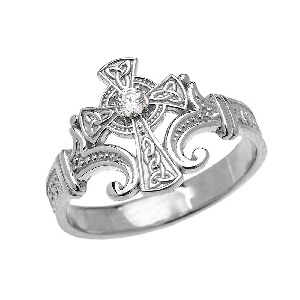 .925 Sterling Silver Diamond Irish Celtic Cross Trinity Knot Ring