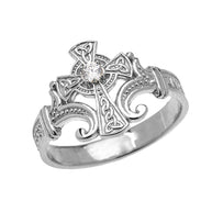 .925 Sterling Silver Diamond Irish Celtic Cross Trinity Knot Ring