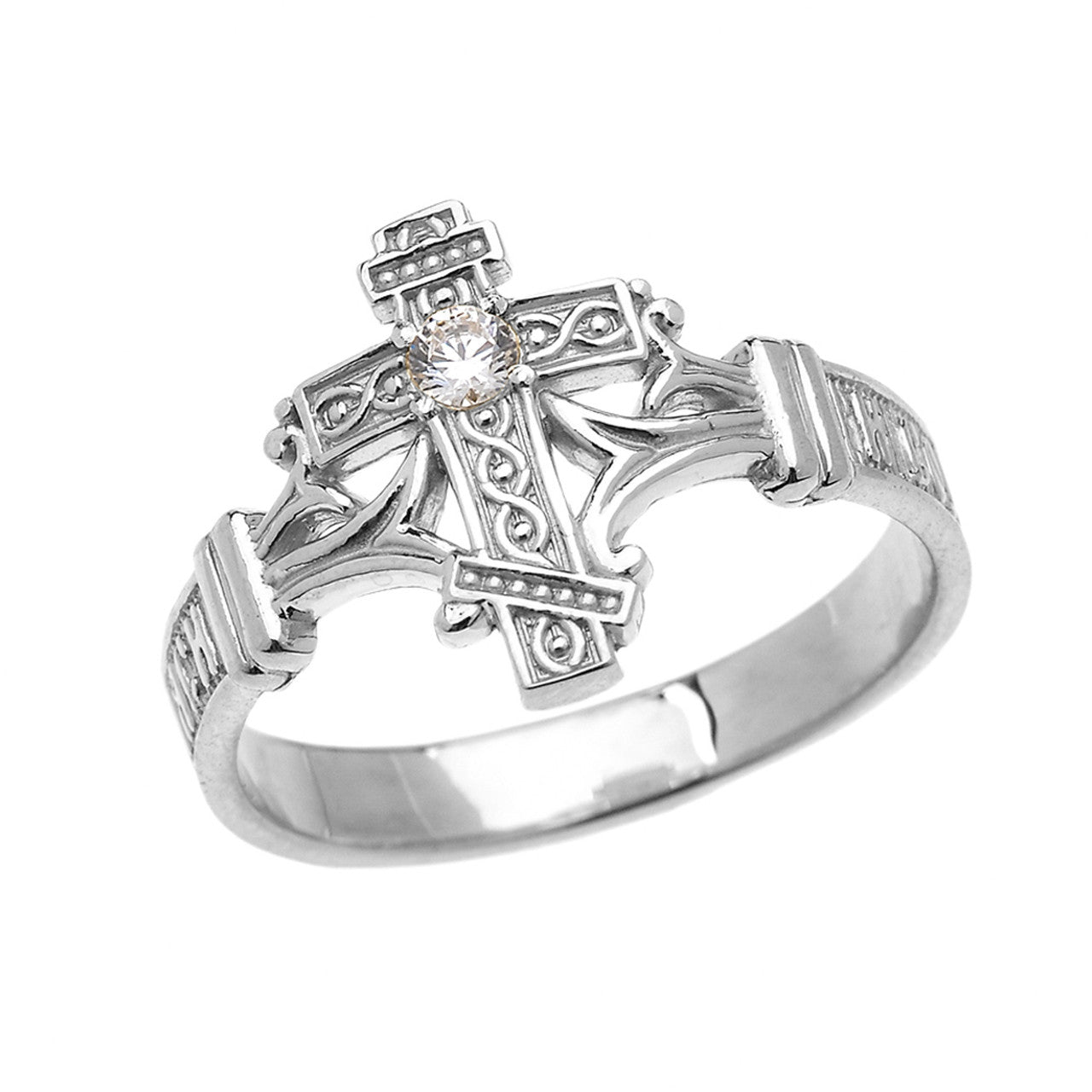Gold Solitaire Cubic Zirconia Orthodox Cross with Encrypted Russian Prayer Elegant Ring (Available in Yellow/Rose/White Gold)