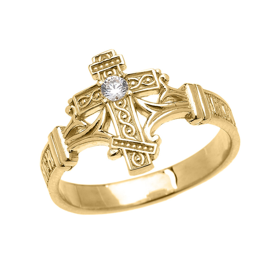 Gold Solitaire Cubic Zirconia Orthodox Cross with Encrypted Russian Prayer Elegant Ring (Available in Yellow/Rose/White Gold)