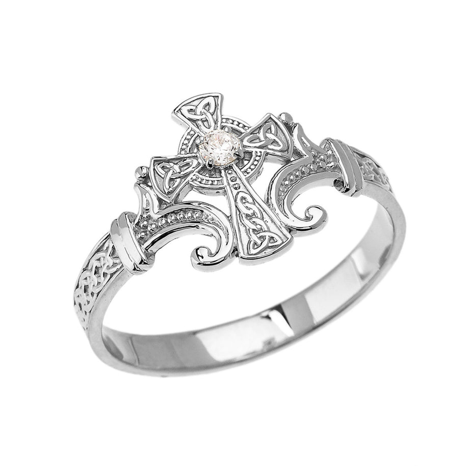 .925 Sterling Silver Cubic Zirconia Celtic Cross Irish Trinity Knot Ring