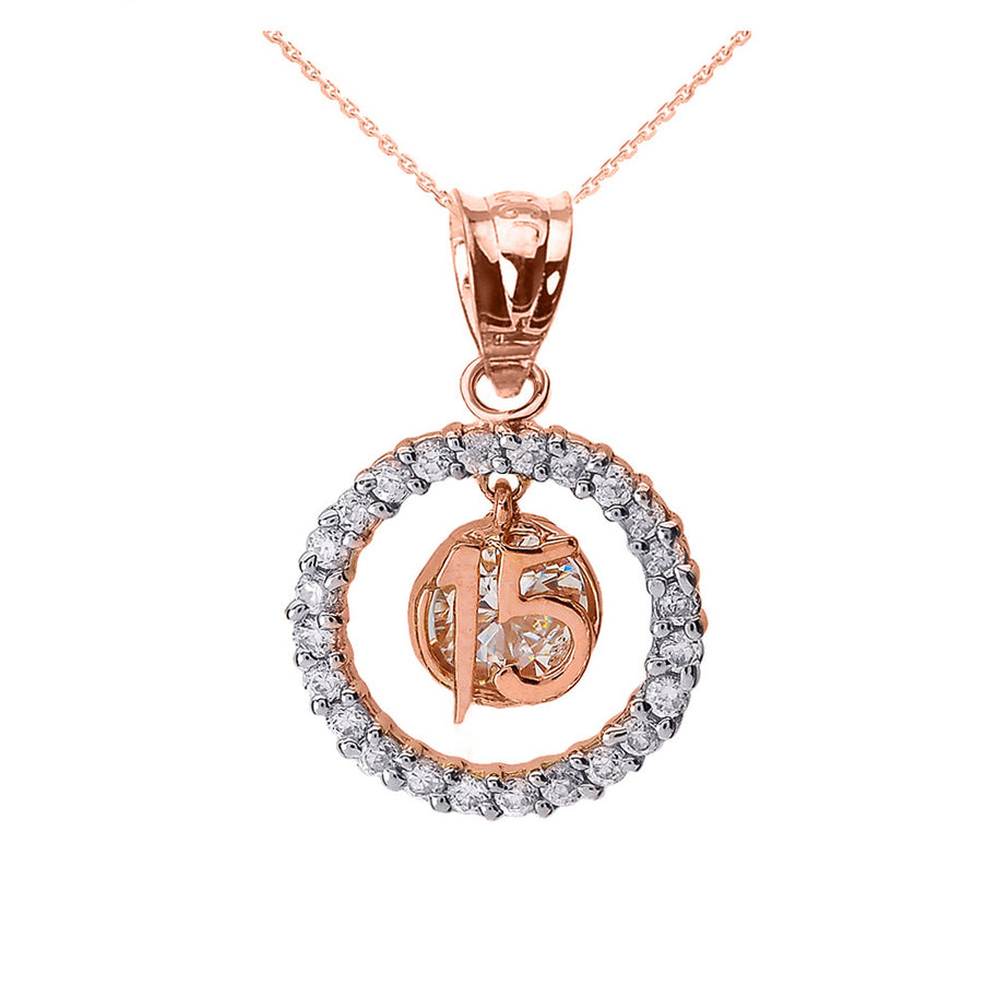 Two-Tone Rose Gold Cubic Zirconia Circle Halo 15 Años Quinceañera Pendant Necklace