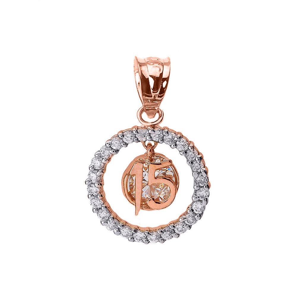 Two-Tone Rose Gold Cubic Zirconia Circle Halo 15 Años Quinceañera Pendant Necklace