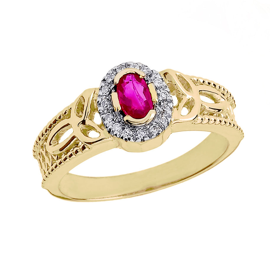 Gold Diamond Studded Ruby Gemstone Trinity Knot Women's Engagement Ring(Available In Yellow/Rose/White Gold)