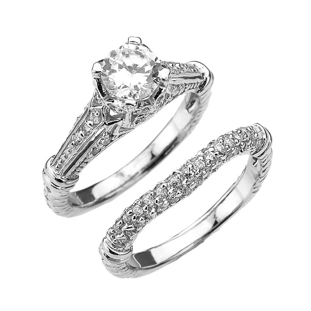 Solid Gold Art Deco Engagement Wedding Ring Set(Available in Yellow/Rose/White Gold)