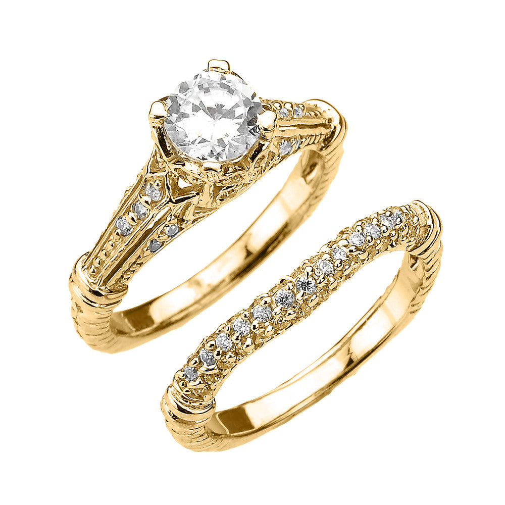Solid Gold Art Deco Engagement Wedding Ring Set(Available in Yellow/Rose/White Gold)