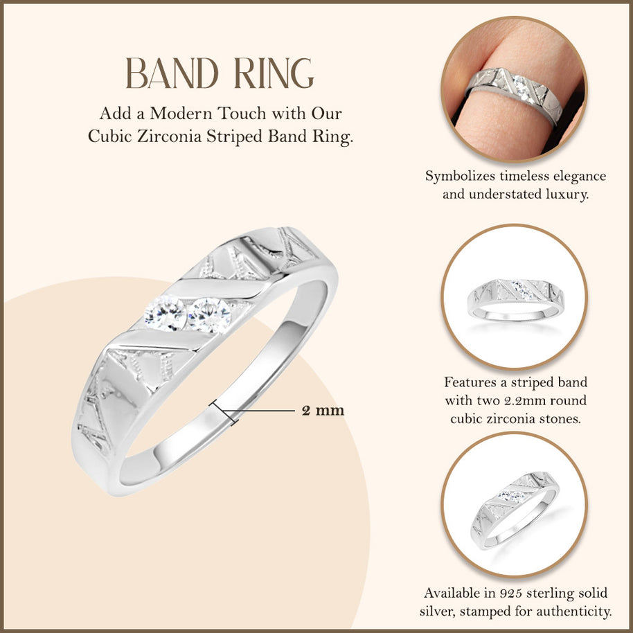 .925 Sterling Silver Cubic Zirconia Striped Band Ring