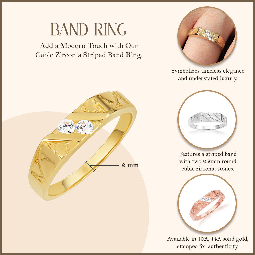Gold Cubic Zirconia Striped Band Ring (Available in Yellow/Rose/White Gold)