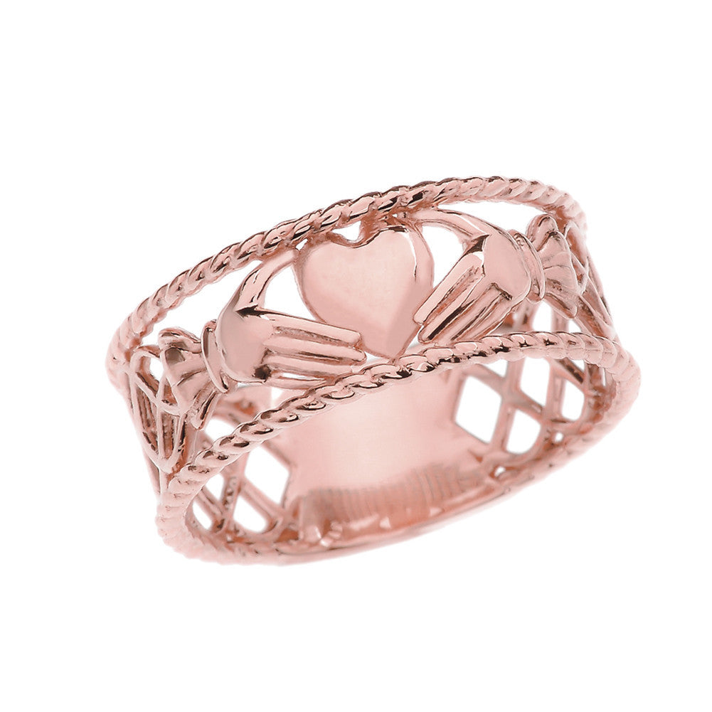 Gold Claddagh Heart Crown Celtic Knot Rope Band Ring (Available in Yellow/Rose/White Gold)