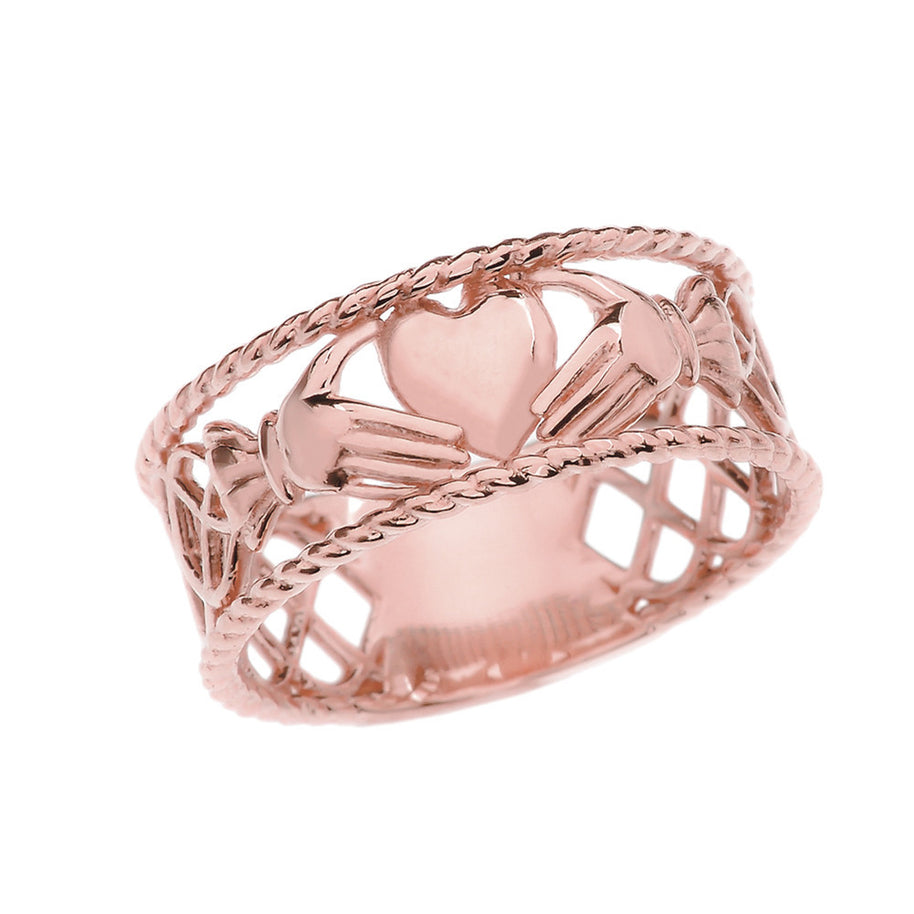 Gold Claddagh Heart Crown Celtic Knot Rope Band Ring (Available in Yellow/Rose/White Gold)