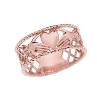 Gold Claddagh Heart Crown Celtic Knot Rope Band Ring (Available in Yellow/Rose/White Gold)