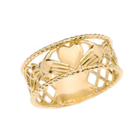 Gold Claddagh Heart Crown Celtic Knot Rope Band Ring (Available in Yellow/Rose/White Gold)