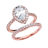 Solid Gold Pear Shape Solitaire Elegant Cubic Zirconia Engagement Wedding Ring Set (Available in Yellow/Rose/White Gold)