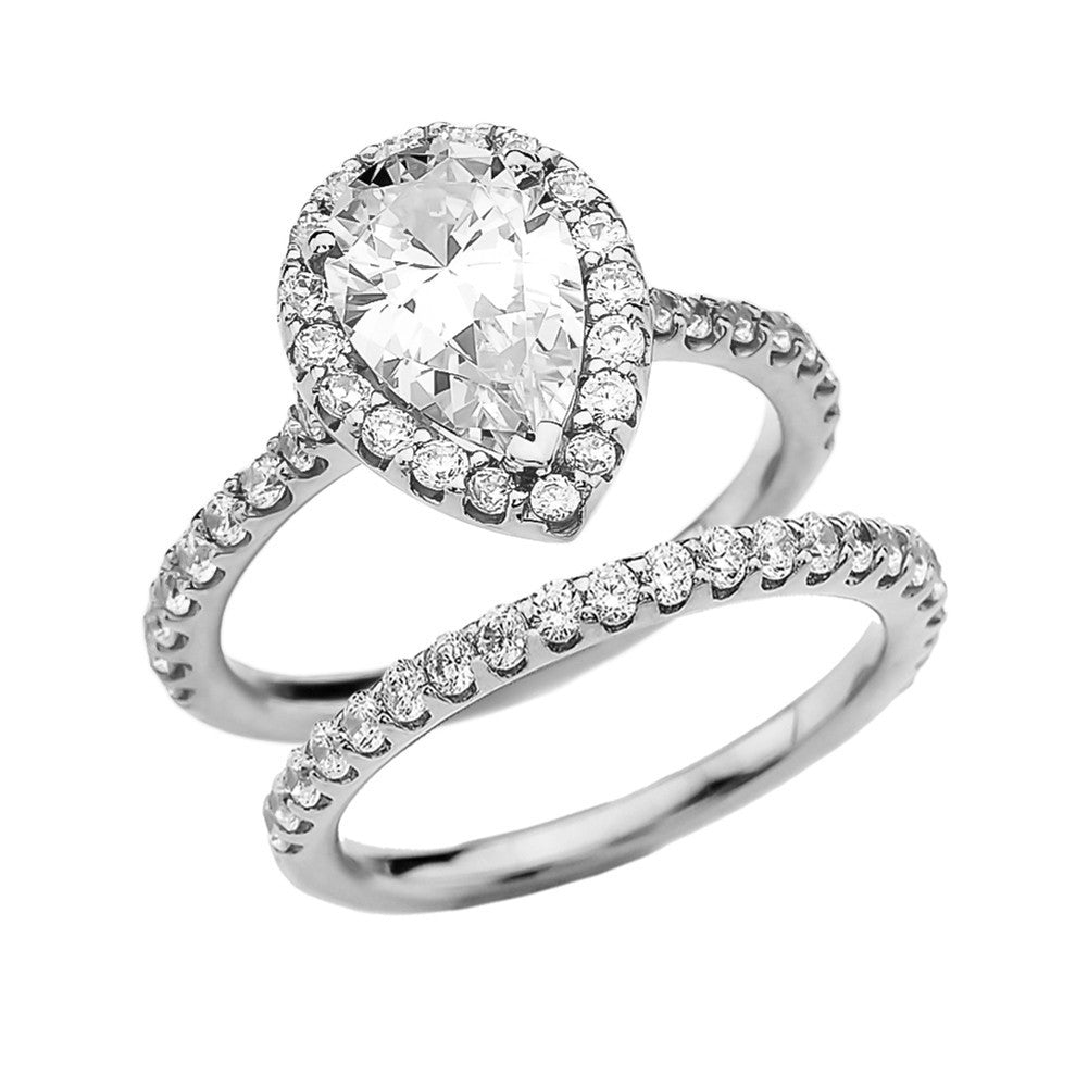 Solid Gold Pear Shape Solitaire Elegant Cubic Zirconia Engagement Wedding Ring Set (Available in Yellow/Rose/White Gold)