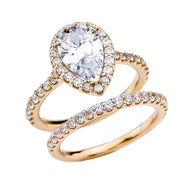 Solid Gold Pear Shape Solitaire Elegant Cubic Zirconia Engagement Wedding Ring Set (Available in Yellow/Rose/White Gold)