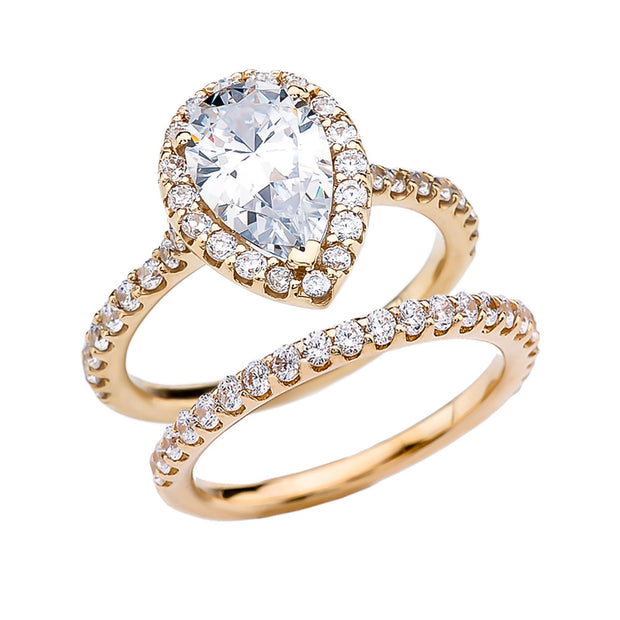 Solid Gold Pear Shape Solitaire Elegant Cubic Zirconia Engagement Wedding Ring Set (Available in Yellow/Rose/White Gold)
